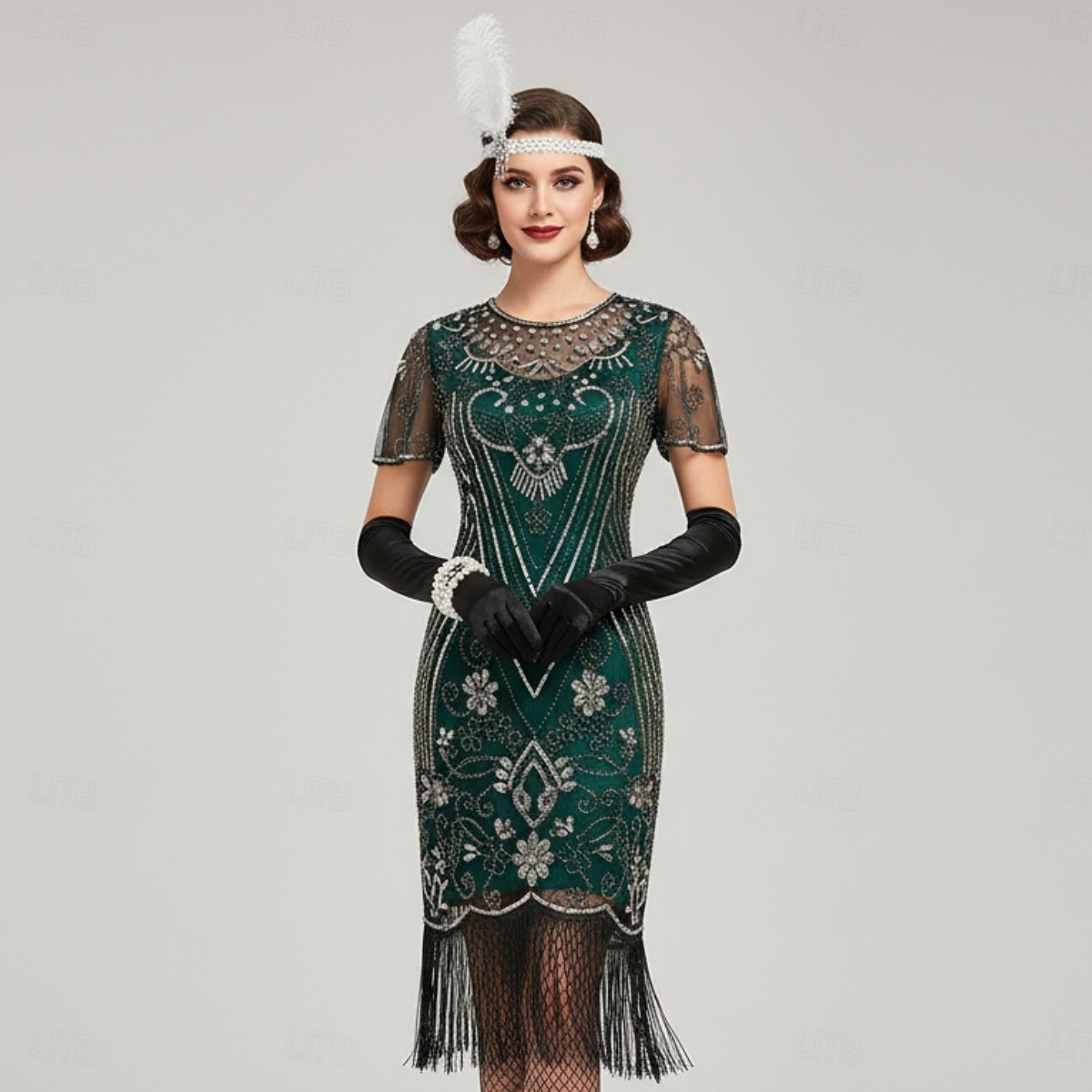 Set Anni Ruggenti Anni 1920 Lunghezza al ginocchio Lunghezza corta Abito Flapper Abiti Costume da festa con accessori Manica illusione Maniche corte Il grande Gatsby Invitato al matrimonio Paillettes del 2026 a $54.99 –P5