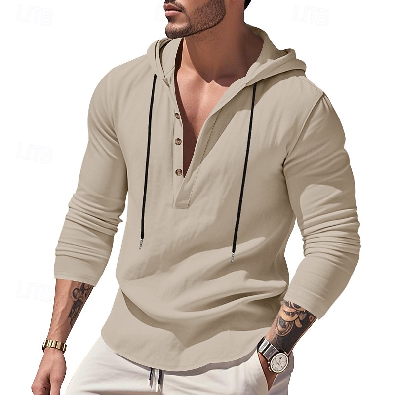 Men's Shirt Popover Shirt Summer Shirt Casual Shirt Beach Shirt Black White Yellow Navy Blue khaki Long Sleeve Solid Color Hooded Vacation Casual Drawstring Clothing Apparel Fashion Casual Comfortable 2026 - $28.99 –P22