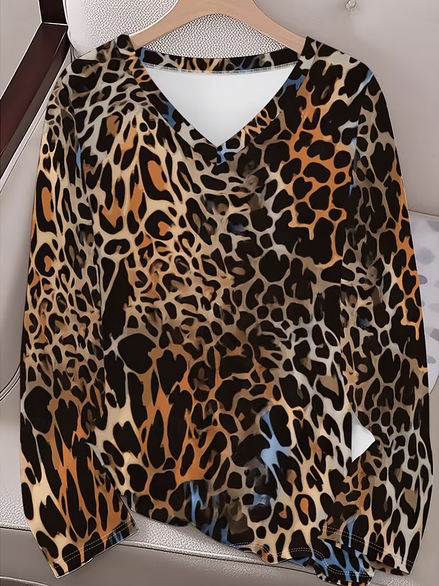 Γυναικεία Μπλουζάκι Στάμπα Γραφική Λεοπάρ Βίντατζ Μοντέρνα Στυλάτο Μακρυμάνικο Λαιμόκοψη V Κανονικά μπλουζάκια Καθημερινά Θαλασσί Άνοιξη Φθινόπωρο 2026 - $24.99 –P3