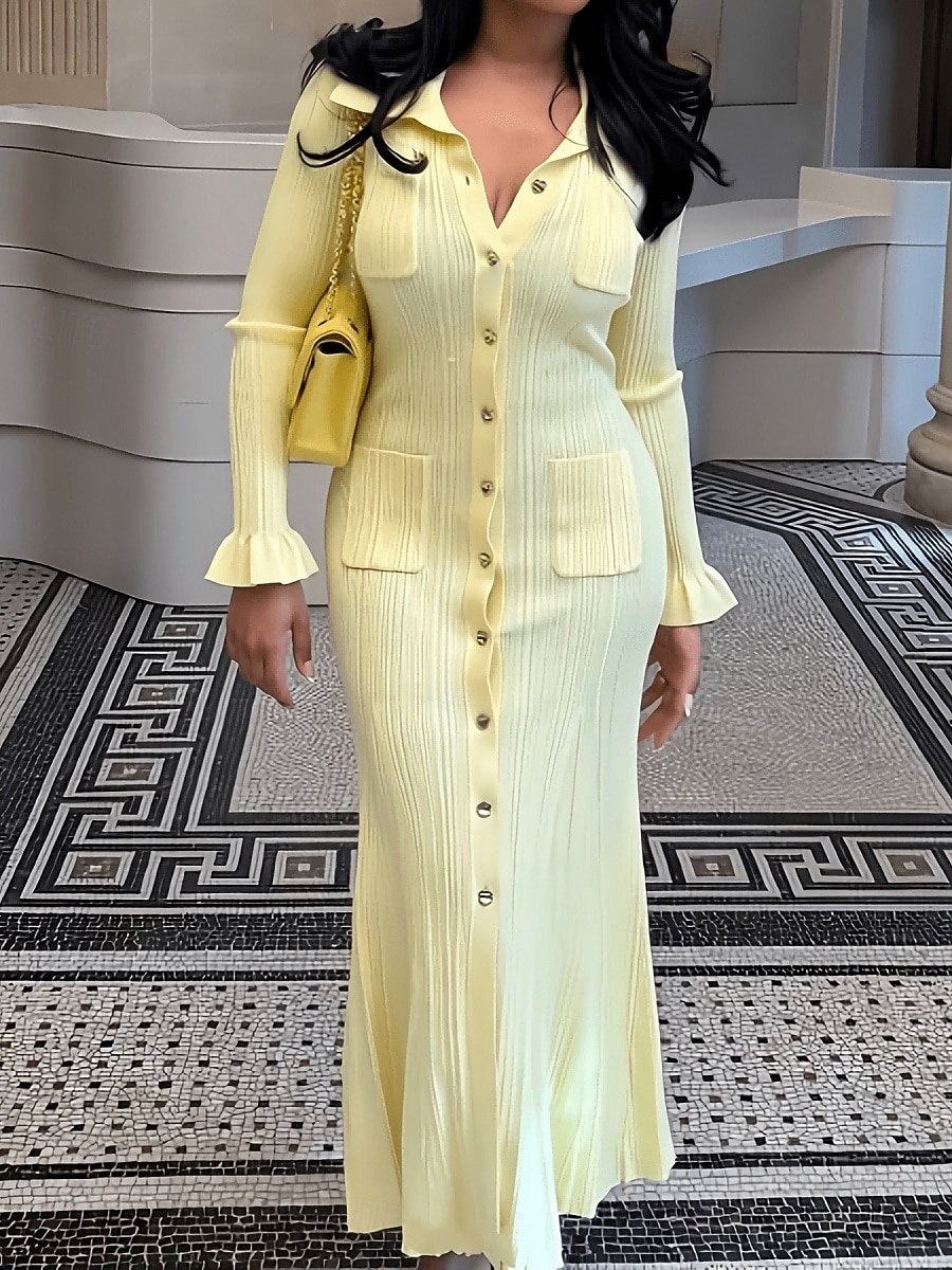 Per donna Abito maxi Tubino Casual Quotidiano Vestibilità regolare Semplice Manica Lunga Collo a V Nero Bianco Giallo Primavera Autunno Inverno del 2026 a $72.99 –P4