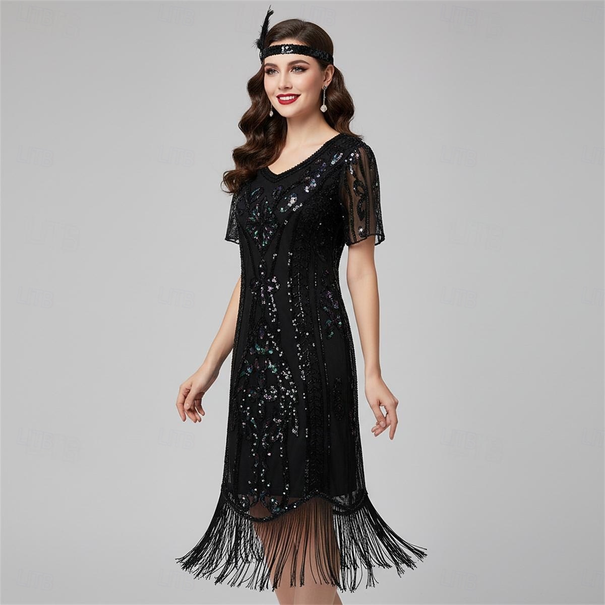 Loucos anos 20 Anos 20 Até os Joelhos Comprimento Curto Vestido melindroso Ilusão Mangas curtas O Grande Gatsby Convidado do casamento Paetês Lantejoula Decote V Fantasia Mulheres Carnaval Baile de de 2026 por $43.99 –P3