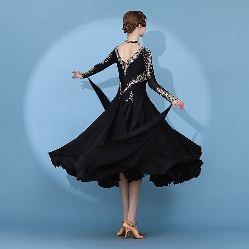 Dança de Salão Vestido Pregas Recortes Cristal / Strass Mulheres Espetáculo Treino Manga Longa Alto Elastano Fibra de Leite de 2026 por $895.79 –P2