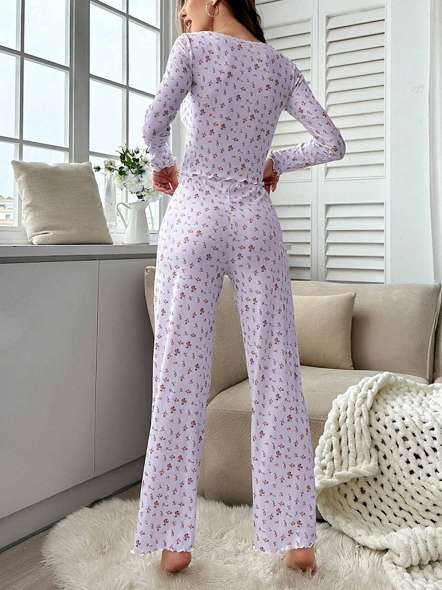 Dame Pyjamas Sett Fritid Komfort Blomstret Elastisk midje Bukse Hjem Daglig Langermet U-hals Hvit Gul Rosa Lilla Vår Høst Normal 2026 - $21.99 –P15