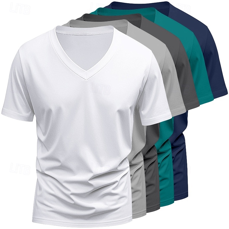 5-częściowy męski T-shirt z krótkim rękawem, dekolt w serek, letni, na każdą porę roku, jednolity kolor, prosty, codzienny, 5-częściowy zestaw, wakacyjny, casualowy, biały, top, męski 2026 - $59.99 –P10