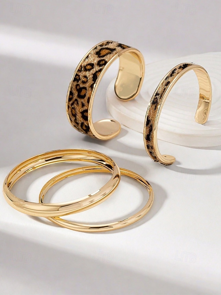 Dames manchetarmbanden met luipaardprint in goudkleurige legering – set van 4, stijlvol dierenprintontwerp, perfect voor casual en avondkleding 2026 - $11.99 –P7