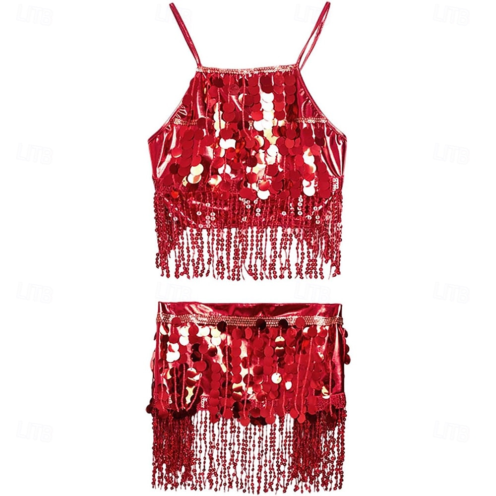 Samba Dancewear Damen 2-teiliges Pailletten Bauchtanzrock-Set Fransen Hüftschal mit Halter-Bra-Tops Leistungskostüm 2026 - $39.99 –P2