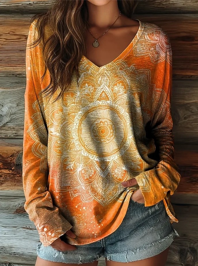 Neujahr Damen T Shirt Druck Ombre Grafik Vintage Mode Stilvoll Langarm V Ausschnitt Normale Oberteile Täglich Gelb Rosa Rote Orange Gold Sommer Frühling Herbst 2026 - $24.99 –P5