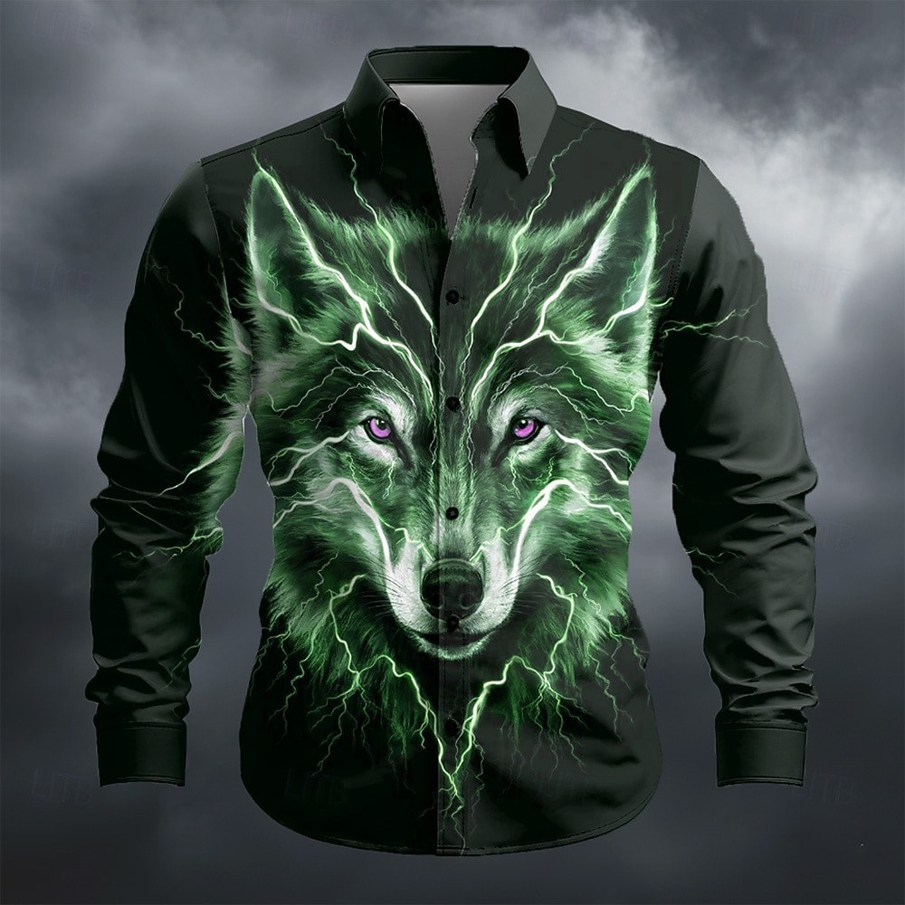 Hombre Animal Lobo Focos Camisa Abotonar la camisa Manga Larga Moda informal Exterior Uso Diario Primavera Otoño Cuello Vuelto Impresión 3D camisas con cuello Negro / Verde Negro / purpúreo 2026 - $27.99 –P2