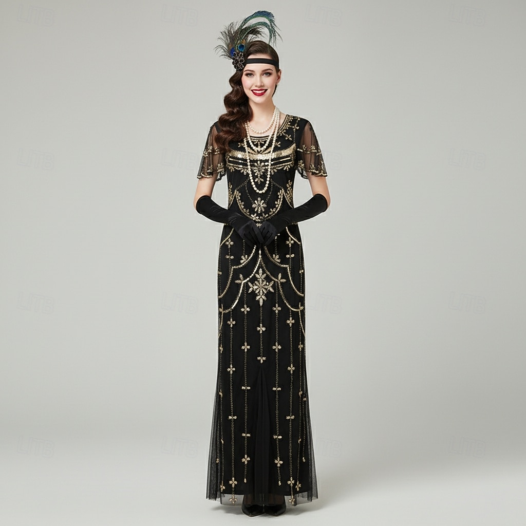 Set Anni Ruggenti Anni 1920 Lunghezza alla caviglia Vestito Abito da sera Abiti con accessori Maniche corte Il grande Gatsby Charleston Invitato al matrimonio Piuma Scollo a V Costume Per donna del 2026 a $85.99 –P5