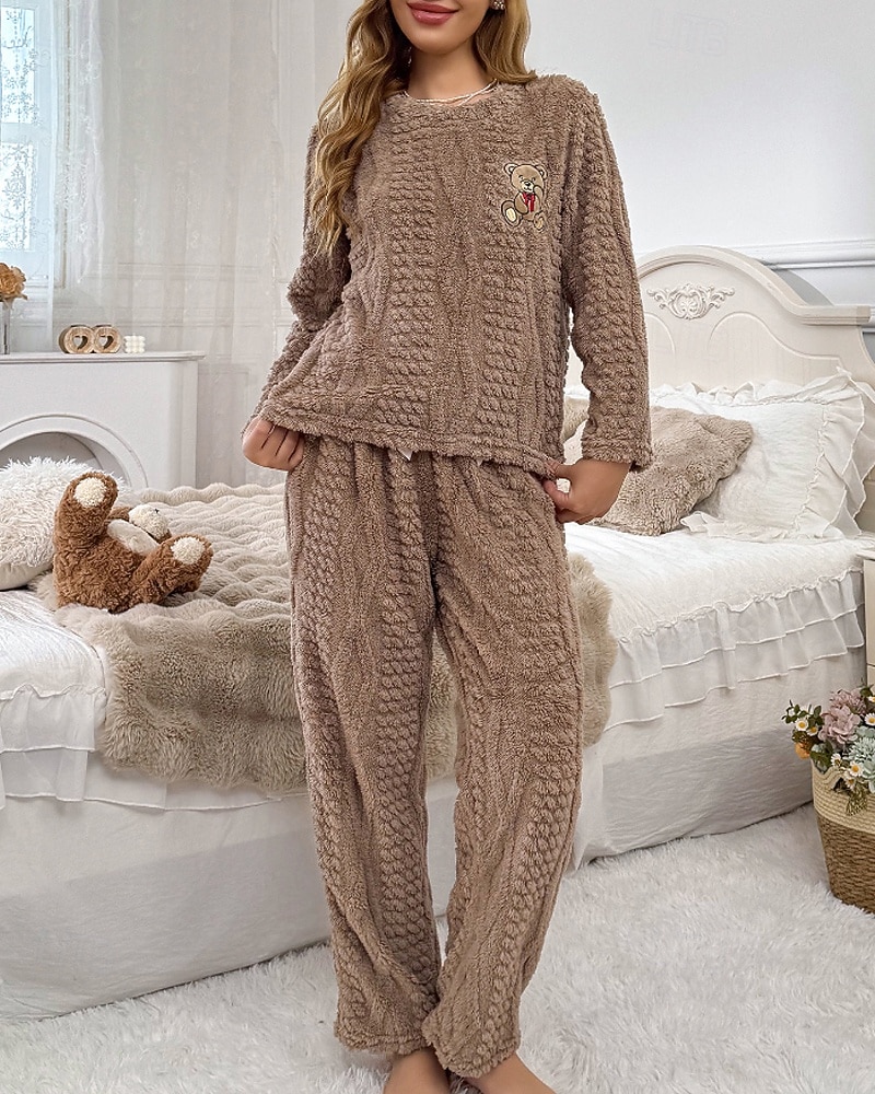 Női Pizsamák Lounge-ruházat Flanel Meleg Divat Tiszta szín Zsinór Rugalmas derék Nadrág Vakáció Otthon Napi Hosszú ujj Terített nyak Barna Szürke Ősz Tél Laza öltözet 2025 - $32.99 –P3