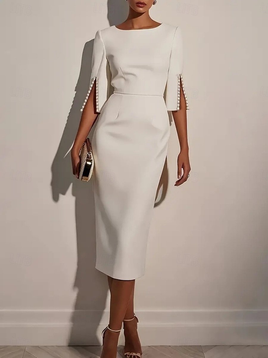 Dam Midiklänning Bodycon Klänning Semiformella klänningar Kontor Normal Slät Halvlång ärm Rund hals Svart Vit Rodnande Rosa Sommar Vår Höst 2026 - $33.99 –P1