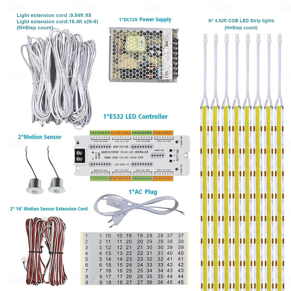 Комплект светодиодной подсветки лестницы с интеллектуальным датчиком движения, 10-24 шт., 4,9-футовая светодиодная лента COB для внутренней подсветки лестниц, оснащенная кабелем с выключателем и 2025 - $145.99 –P10