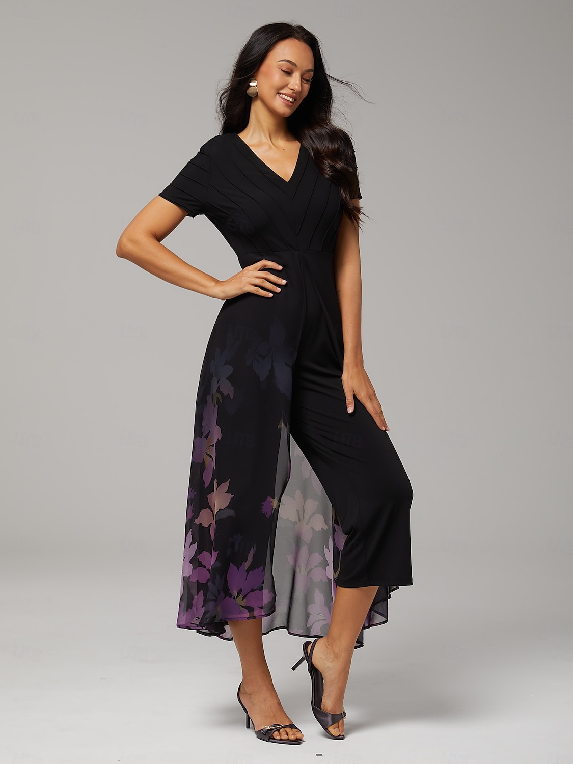 damejumpsuit svart tencel chiffon gradient paneled imitert todelt flagrende gjennomsiktig stretch blomstertrykk v-hals fest ferie vår sommer 2026 - $28.49 –P7