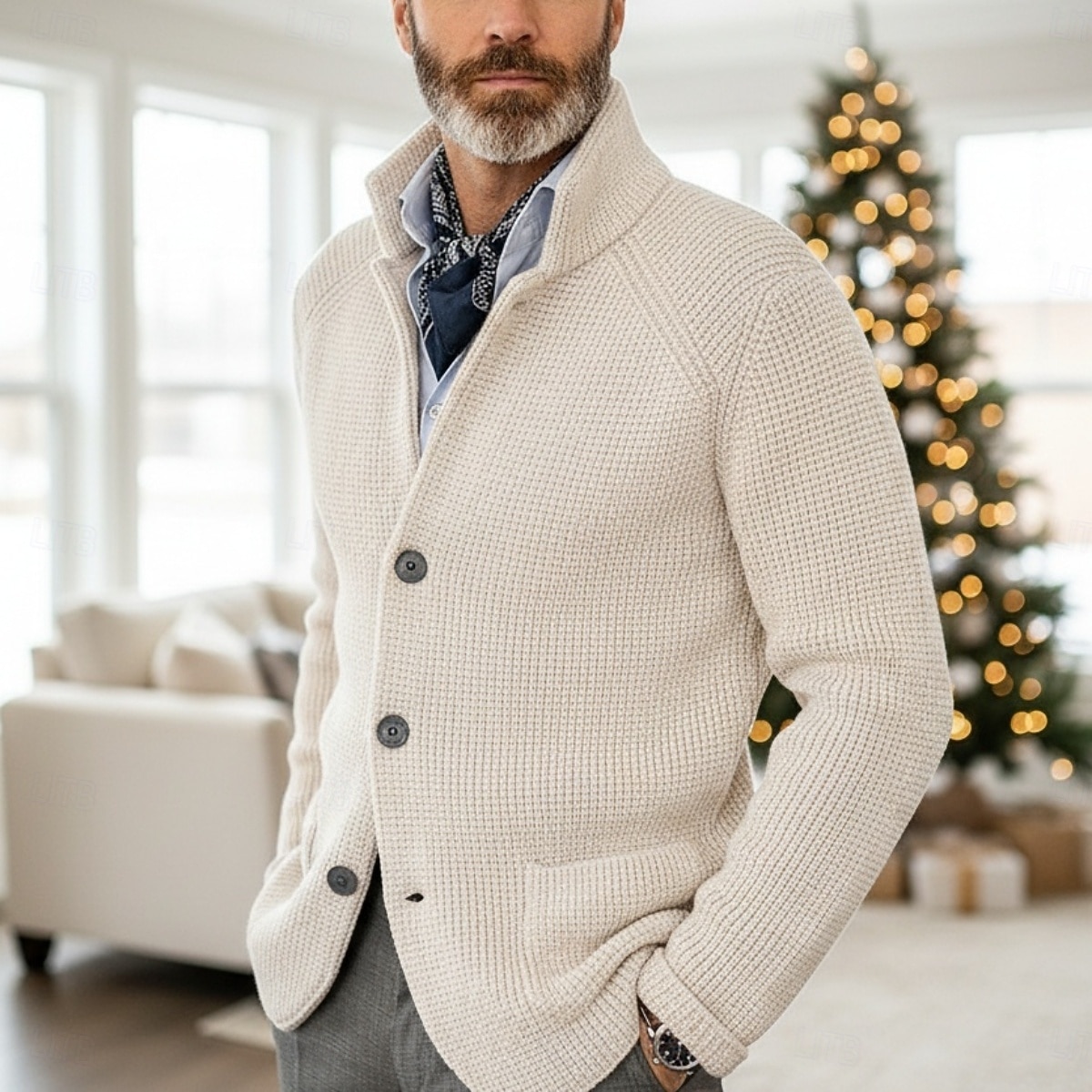 Herr Tröja Klänning tröja Cardigan Tröja Våffelstruktur Sticka Vanliga toppar Stickat Button-Down Hög krage Klassisk Ledigt Kläder Raglanärm Höst vinter Vår Blå Röd Brun XS S M 2026 - $39.99 –P5