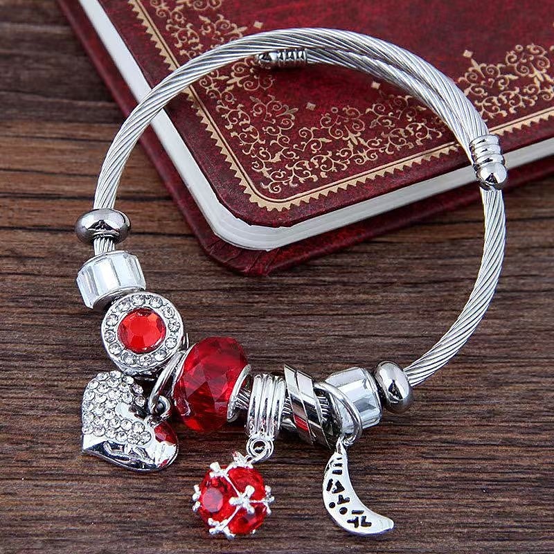 Ezüst karkötő többszínű kristályokkal és szív, hold és gyöngy medálokkal – testreszabható női karperec 2026 - $11.99 –P3