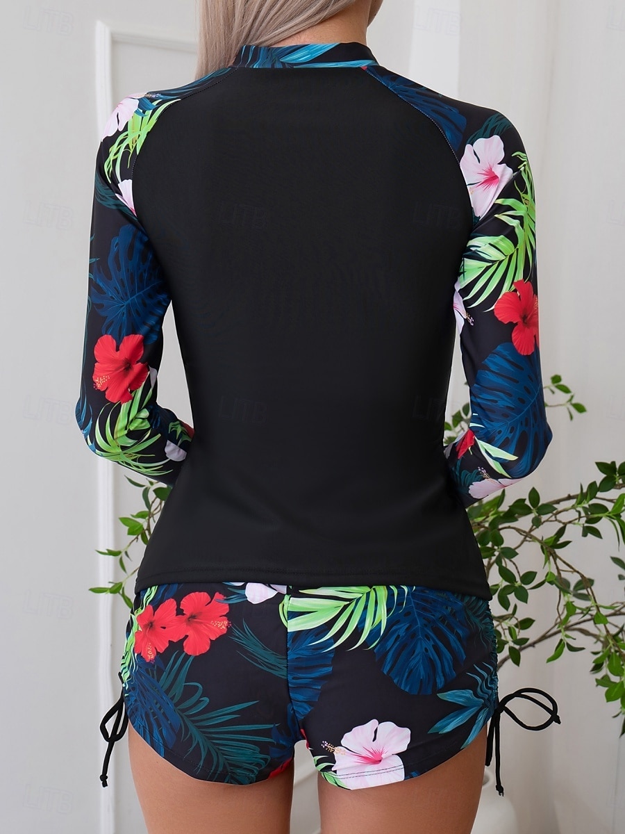 Женский танкини из 2 предметов купальник с молнией спереди пальмы шорты контроль живота высокая талия узкий спина без бретелек пляжная одежда цветочный листья высокий вырез длинные рукава 2026 - $33.99 –P11