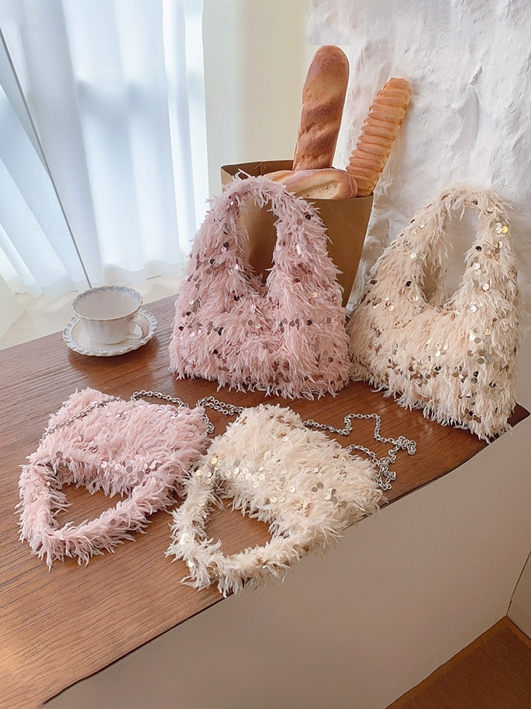 borsa da donna in pelliccia sintetica con paillettes: design scintillante e luccicante con materiale morbido, disponibile in due misure, perfetta per feste serali e occasioni speciali del 2026 a $19.99 –P7