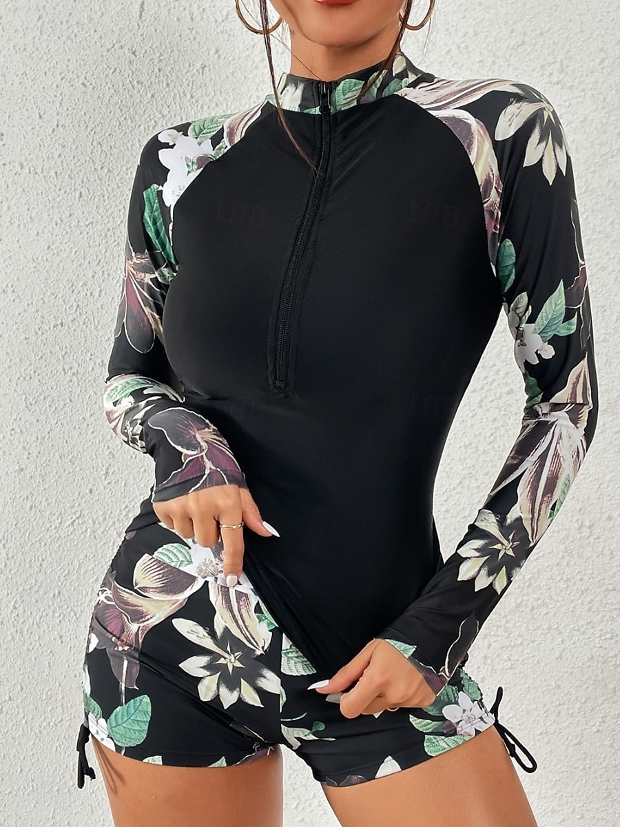 Maiô Tankini Feminino 2 Peças Short Controle de Barriga Cintura Alta Slim Costas Descobertas Roupas de Praia de Férias Floral Folhas Decote Alto Com Mangas Longas de 2026 por $36.99 –P2