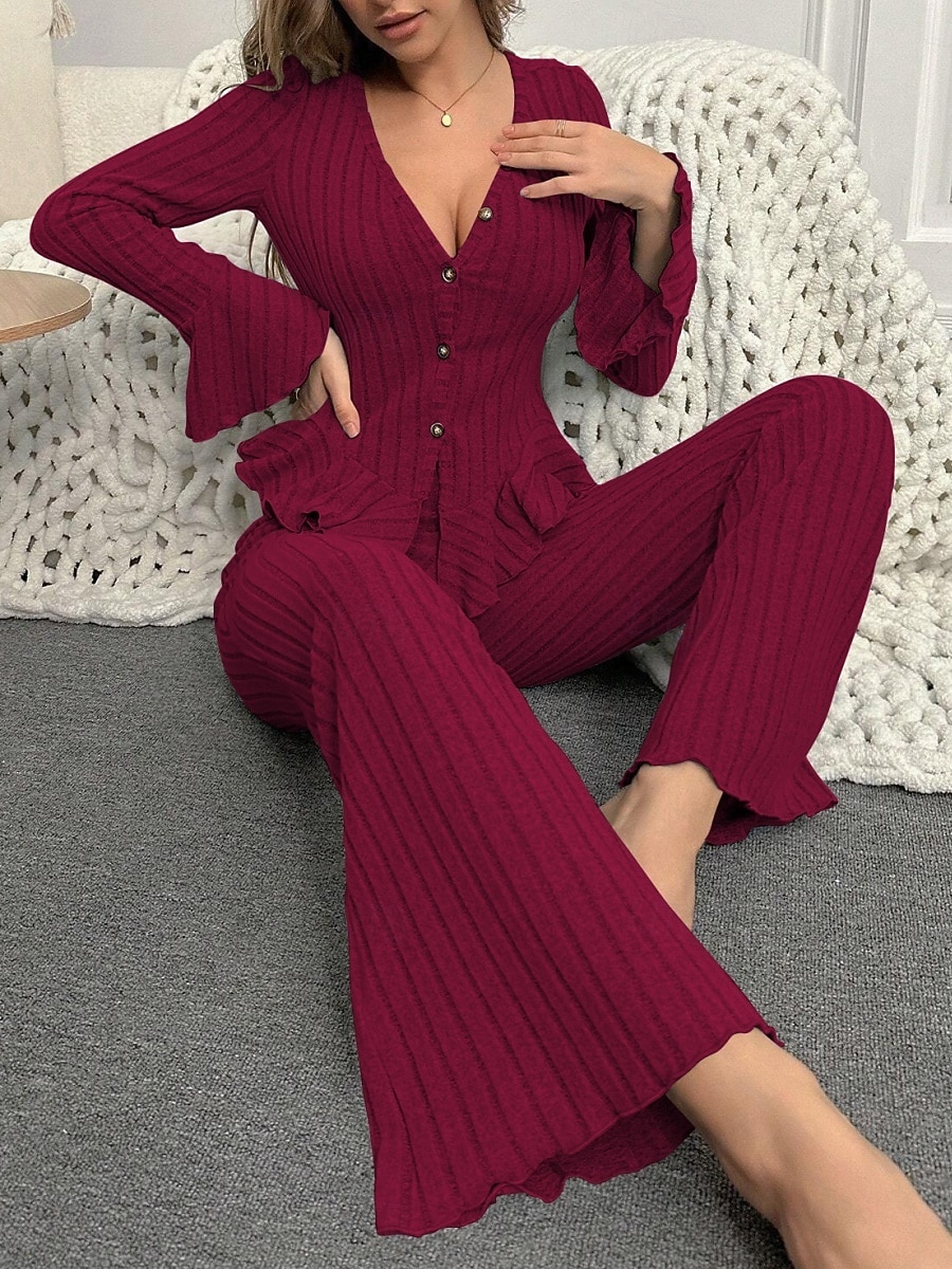 Femmes Ensemble Pyjama Occasionnel Confort Couleur Unie Taille Élastique Pantalon Maison Quotidien manche longue Col en V Noir Vin Fuchsia Gris Printemps Automne Hiver Coupe régulière de 2026 ? $21.99 –P6