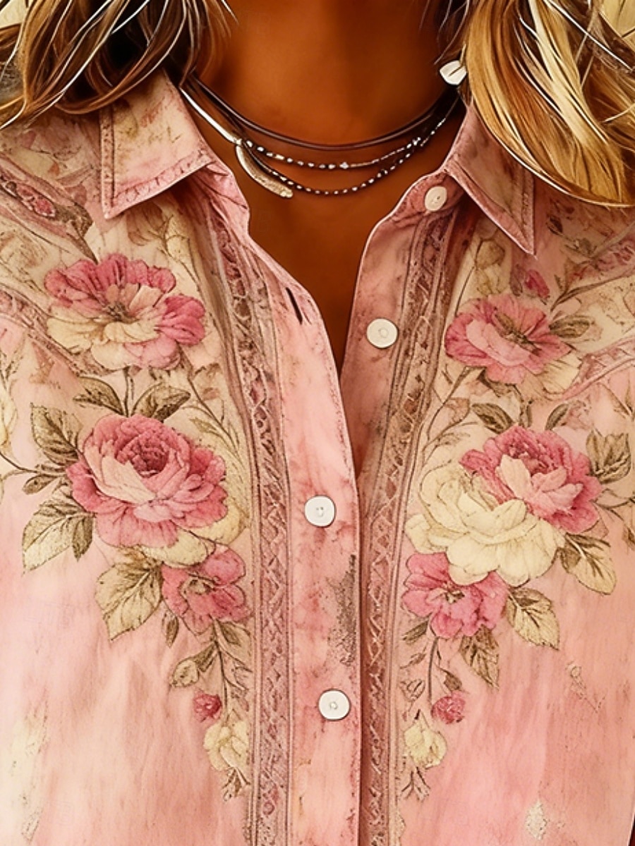 Per donna Camicia Bottoni Stampato Floreale Grafico Bohemien Elegante Casual Manica Lunga Colletto a Camicia Top Regolari Quotidiano Rosa Primavera Autunno del 2026 a $34.99 –P2