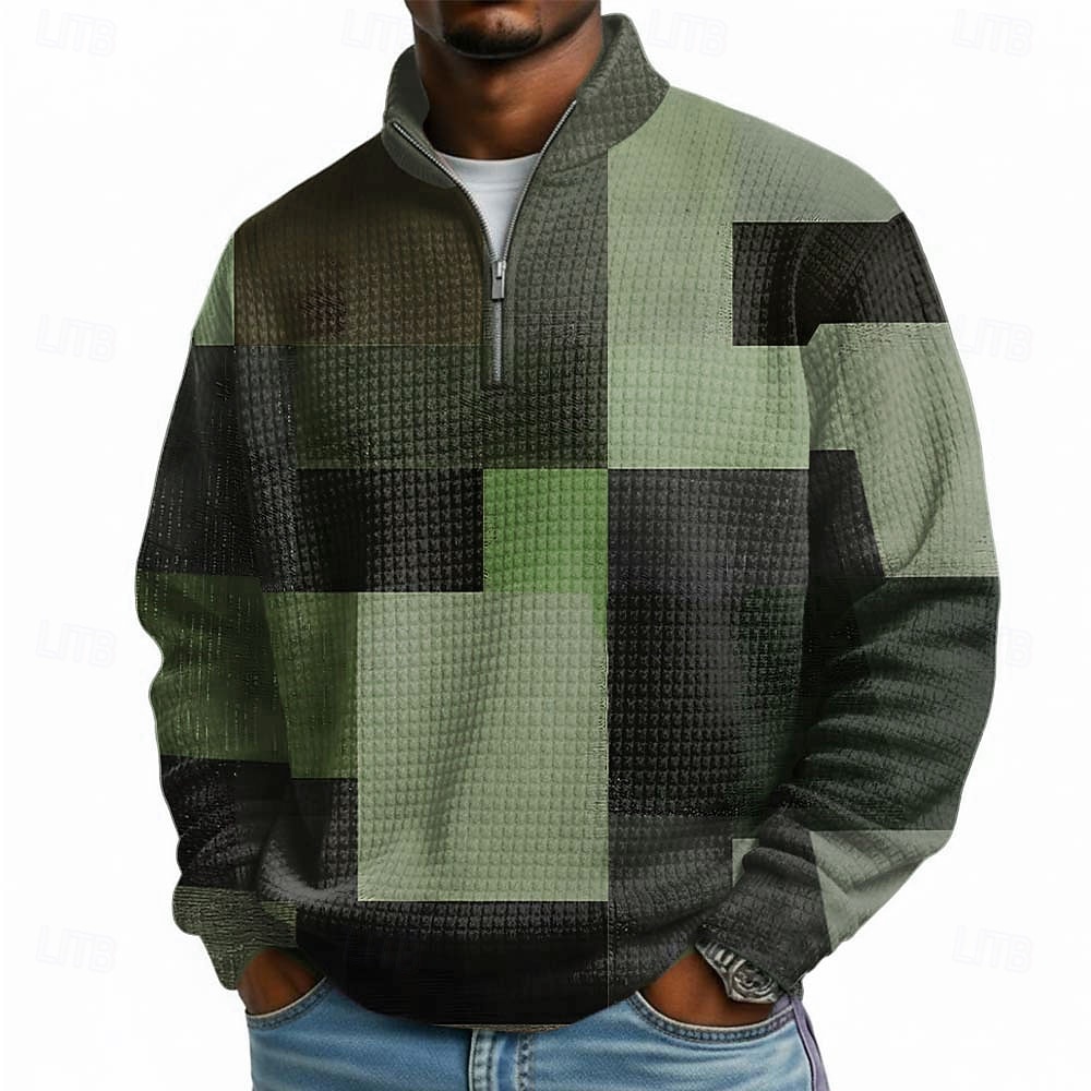 Pánské Geometrický Pléd Vaflová Mikina Módní Denní Klasické Na běžné nošení Stojáček Čtvrtletní zip Venkovní Domů Kancelář Práce Vodní modrá Hnědá Trávová zelená Šedá Zapni Podzim Zima Návrhář S M L 2026 - $28.99 –P3