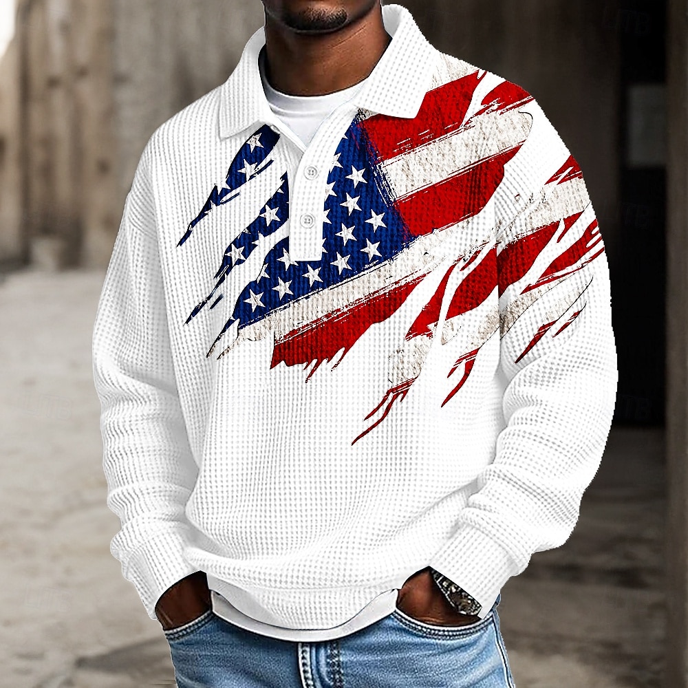 4 juli 2026 250e Voor heren Amerikaanse Amerikaanse vlag Polo Met Textuur Lange mouw Poloshirt Revers Casual Sportkleding Alledaagse kleding 3D-afdrukken Lente Herfst Winter blauw Wit Rood 2026 - $28.99 –P1
