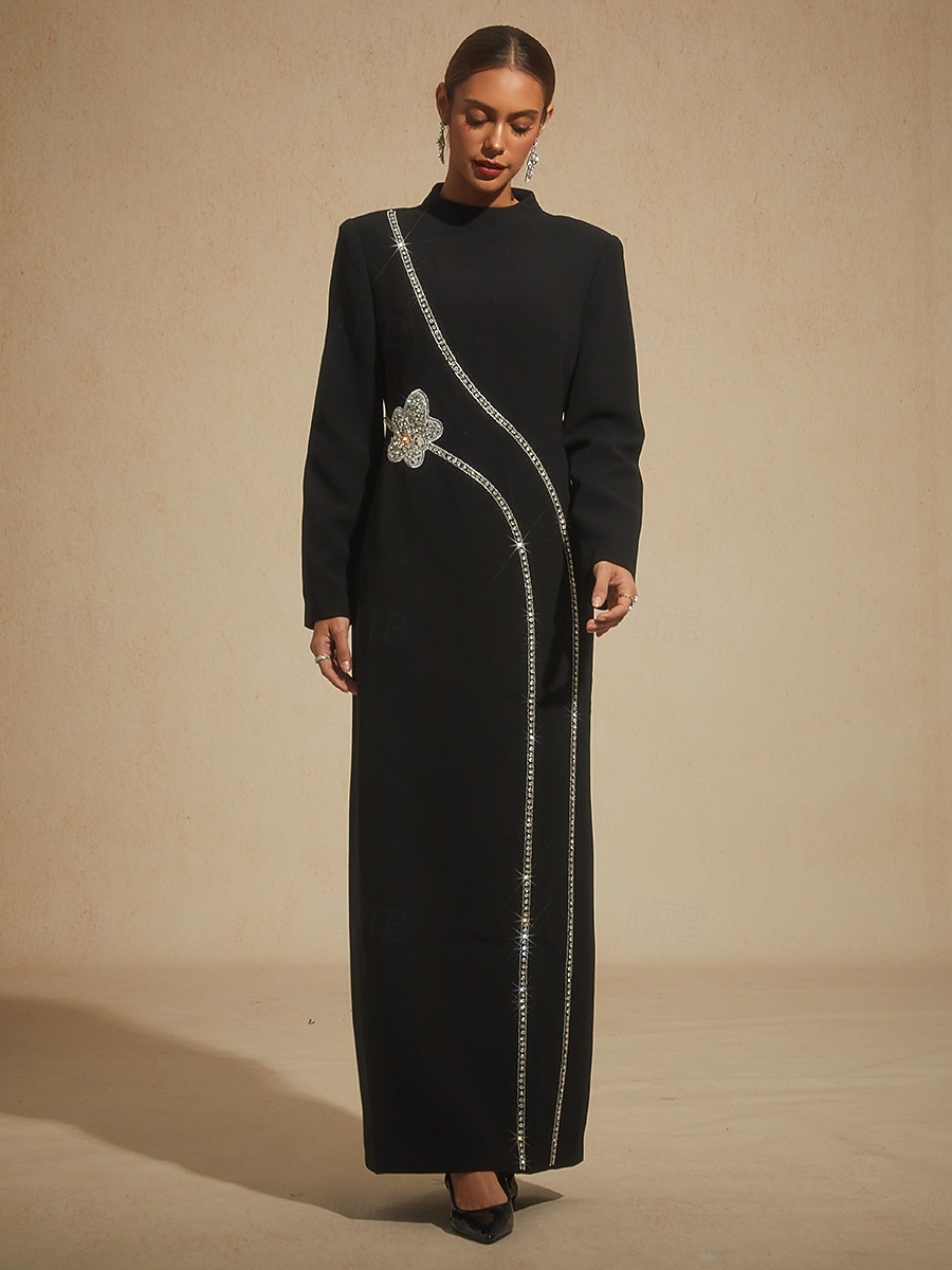 Women's Maxi Dress Shift Dress Elegant Evening Party Party Beaded Geometric Long Sleeve Stand Collar Black 2026 - $625.69 –P7