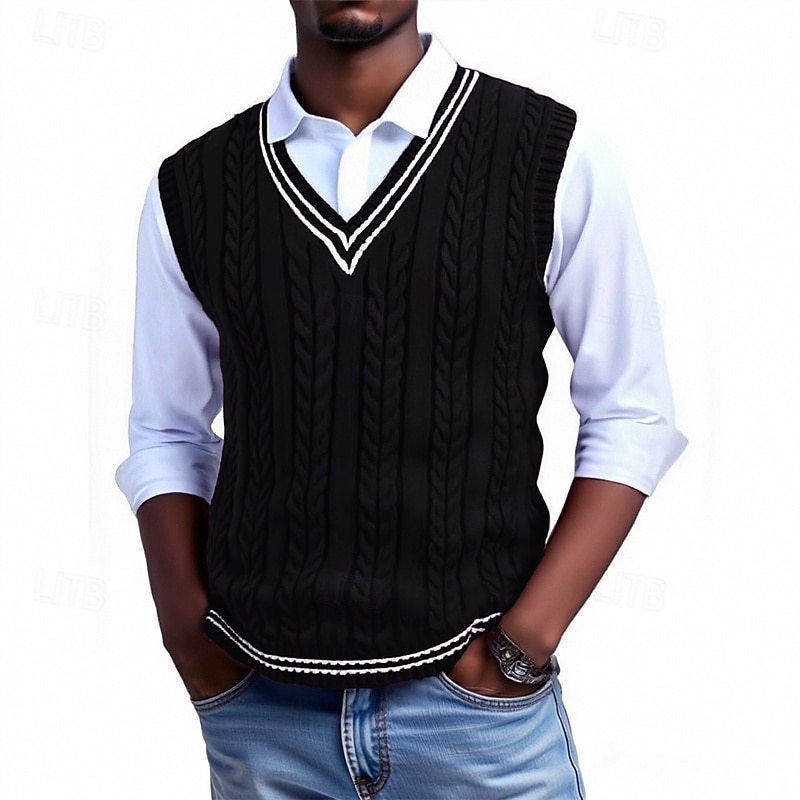 Per uomo Gilet Maglione elegante Maglione Maglione a maglia A Coste Maglia Top Regolari Lavorato a maglia A righe Scollo a V Moda Casual Vacanza Abbigliamento quotidiano Abbigliamento Senza maniche del 2026 a $26.99 –P4