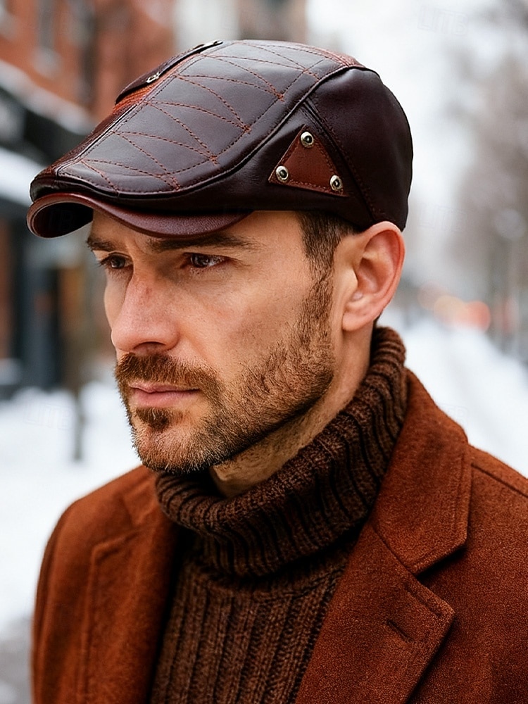Herren-Schiebermütze aus Kunstleder, gestepptes Design mit dreieckigen Akzenten, in verschiedenen Farben erhältlich, stylisch und warm für Winter und Freizeit 2025 - $18.99 –P2