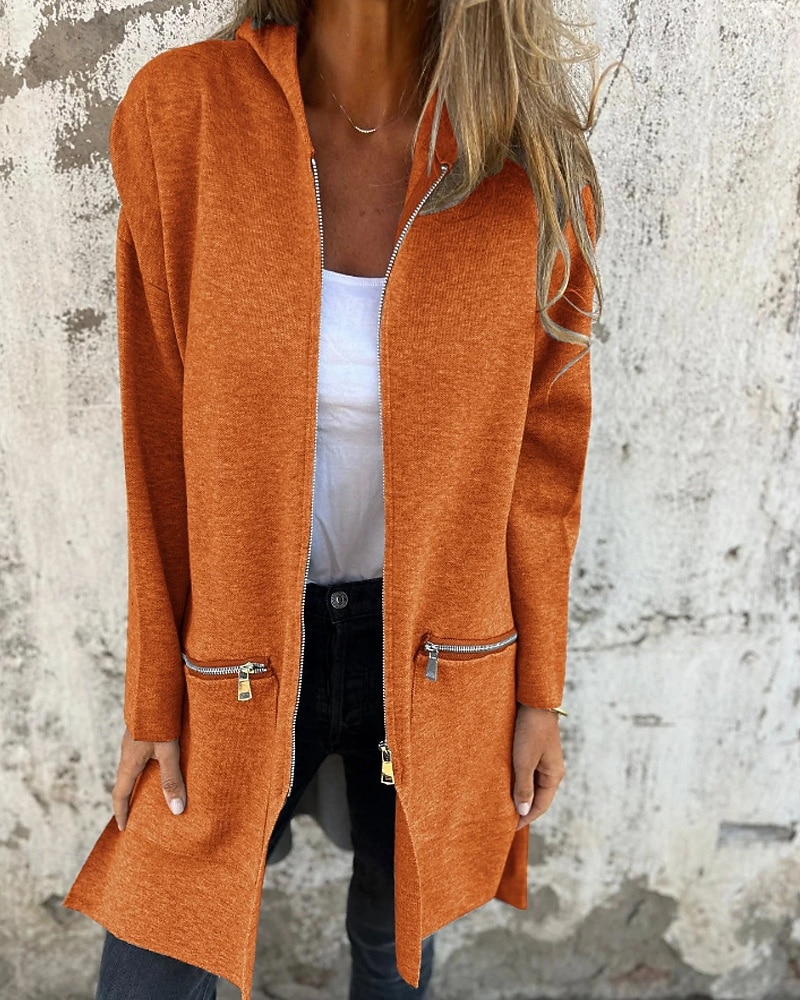 Damen Wintermantel Kapuzenjacke Warm Bequem Reißverschluss Tasche Lässig Einfach Outdoor Urlaub Heim Alltagskleidung Lang Mit Kapuze Normale Passform Langarm Oberbekleidung Schwarz Rote Kamel Herbst 2026 - $19.99 –P10