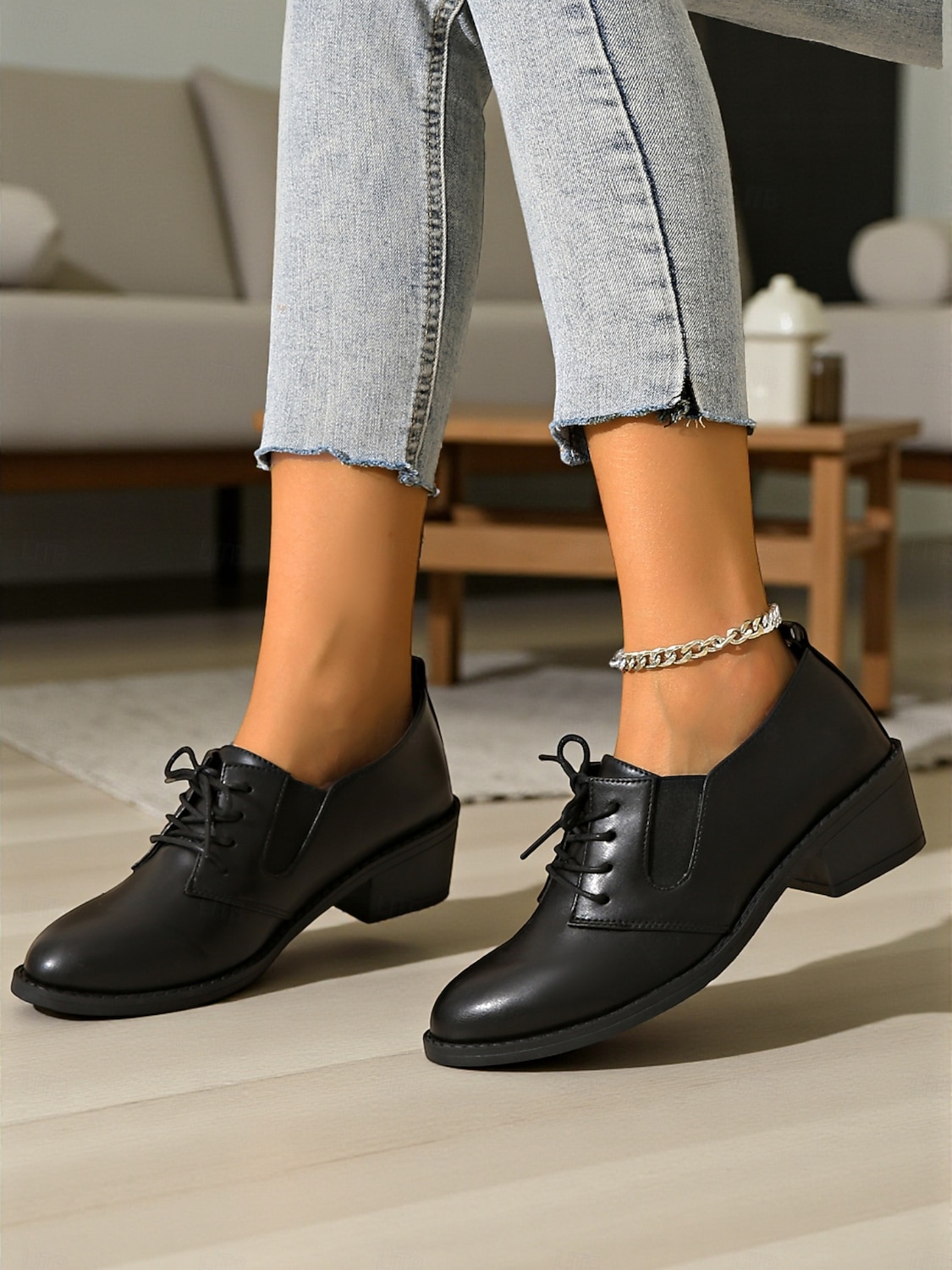 női fekete fűzős oxford cipő alacsony sarokkal - klasszikus lezser stílus, tökéletes irodai viseletre, mindennapi kirándulásokra és hétvégi alkalmakra 2026 - $29.99 –P5