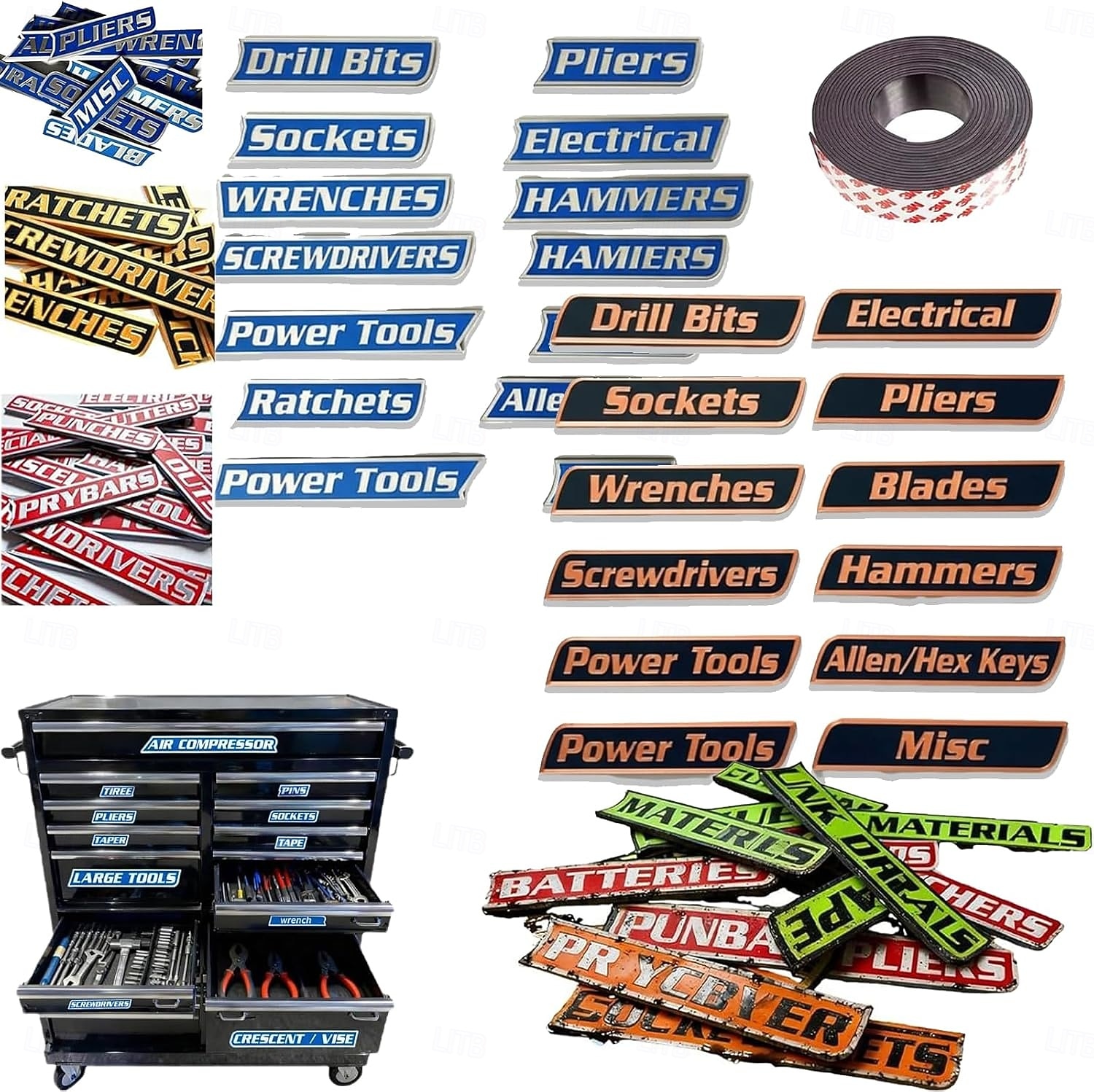 12 kappaleen pakkaus magneettisia työkalupakkietikettejä, 3D-tulostettuja työkalupakkietikettejä, yleisiä työkalupakkien järjestelytarvikkeita, uudelleenkäytettäviä etikettejä teräksisille 2026 - $15.99 –P1
