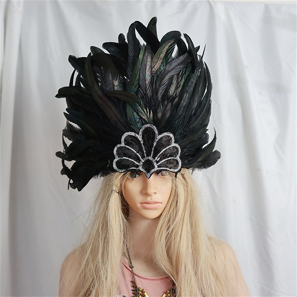 Carnaval 2026 Accesorios de Samba del Carnaval de Río Adorno de Plumas para Mujeres - Accesorio de Cabeza de Lentejuelas Azul y Verde Pavo Real - Disfraz de Festival de Brasil 2026 - $16.49 –P12