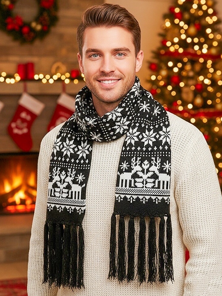 Écharpe de Noël tricotée pour femme, en acrylique, motif jacquard rouge et blanc avec rennes et flocons de neige, accessoire festif d'hiver pour les fêtes de fin d'année de 2026 ? $14.99 –P3