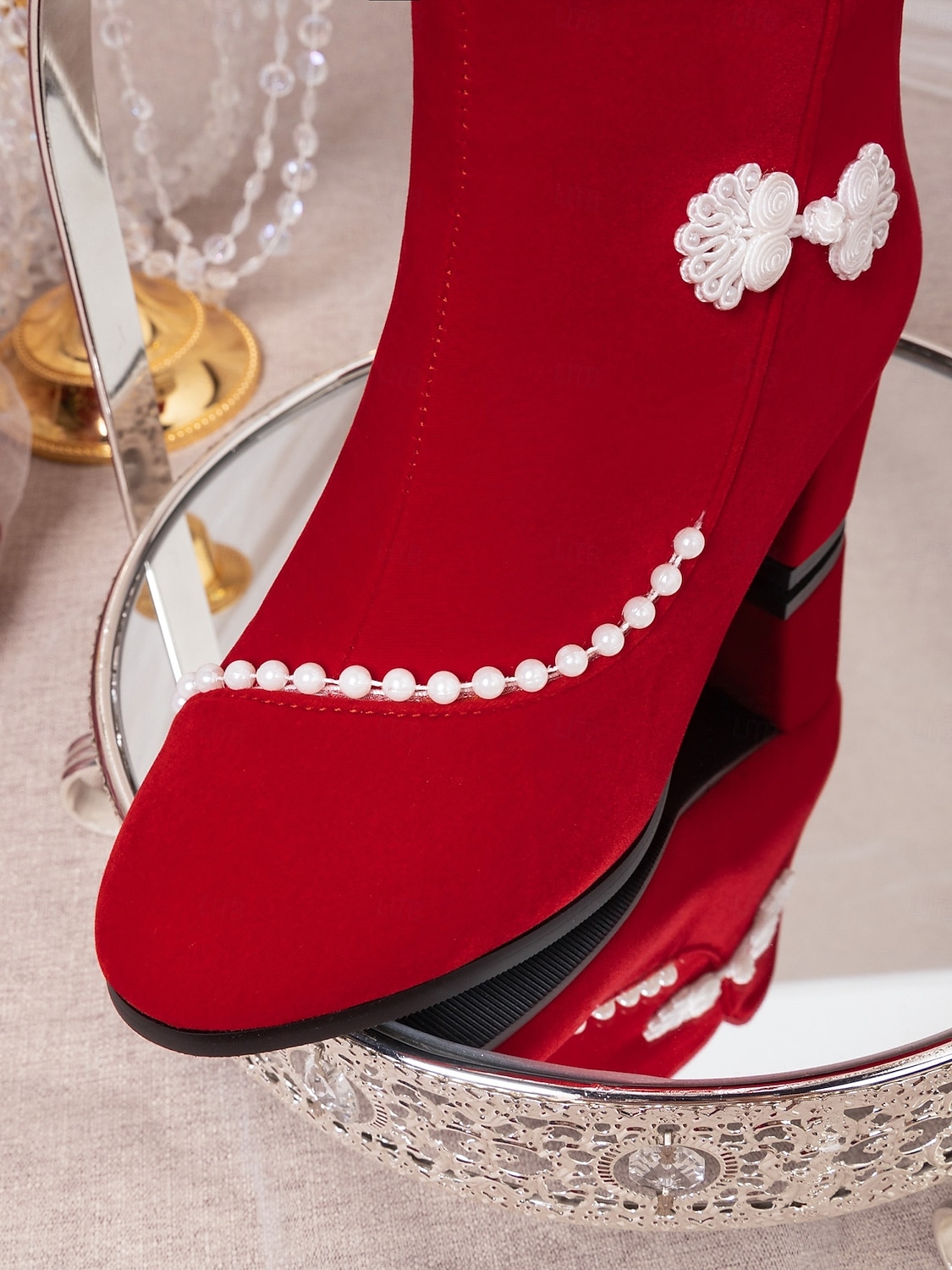 Rote Damen-Ankle-Boots mit Imitationsperlenbesatz – eleganter Festtagsstil, weiches Futter, praktischer seitlicher Reißverschluss, perfekt für Weihnachtsfeiern, Winteroutfits, Familienfeste und als Geschenk. 2026 - $59.99 –P7
