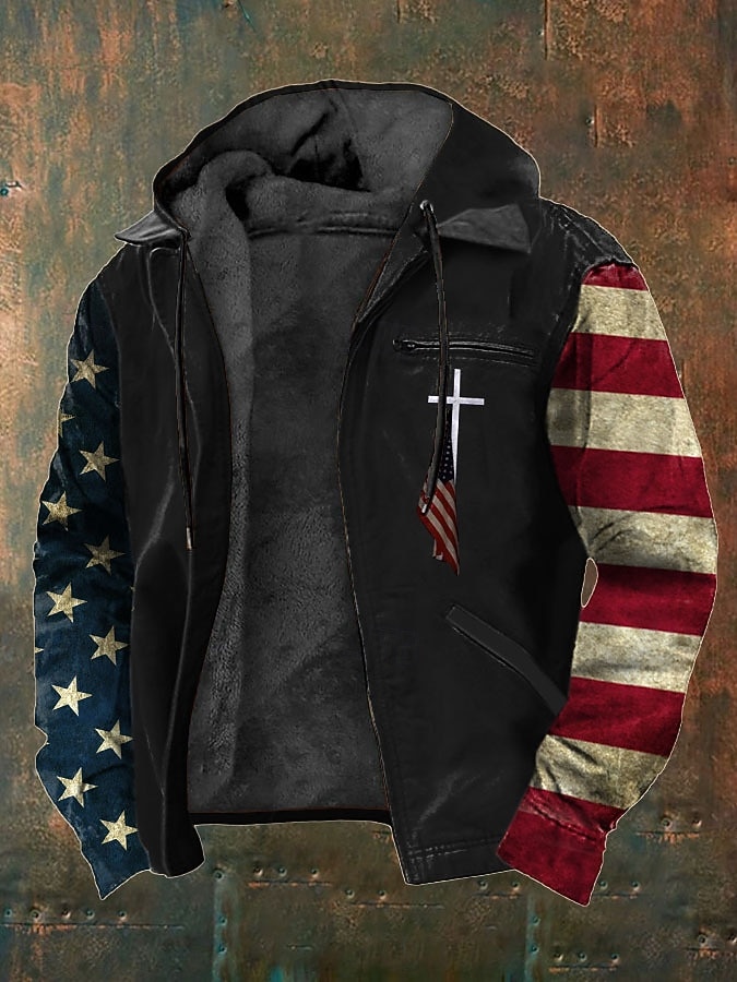 Herre Hettegenser med full glidelås Fleece-jakke Hettegenser i fleece Svart Brun Med hette Kors Amerikansk flagg Lomme Trykt mønster Avslappet Daglig Ut på byen Polyester Gatemote Retro Rød Fritid 2026 - $62.99 –P1