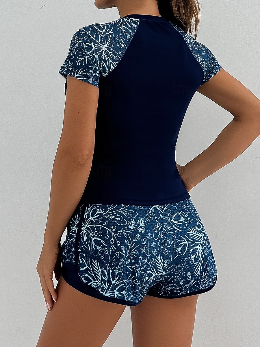 Costume da bagno tankini da donna 2 pezzi pantaloni corti palmo controllo pancia vita alta slinguato senza schiena vacanza in spiaggia scollatura rotonda floreale con maniche corte del 2026 a $36.99 –P2