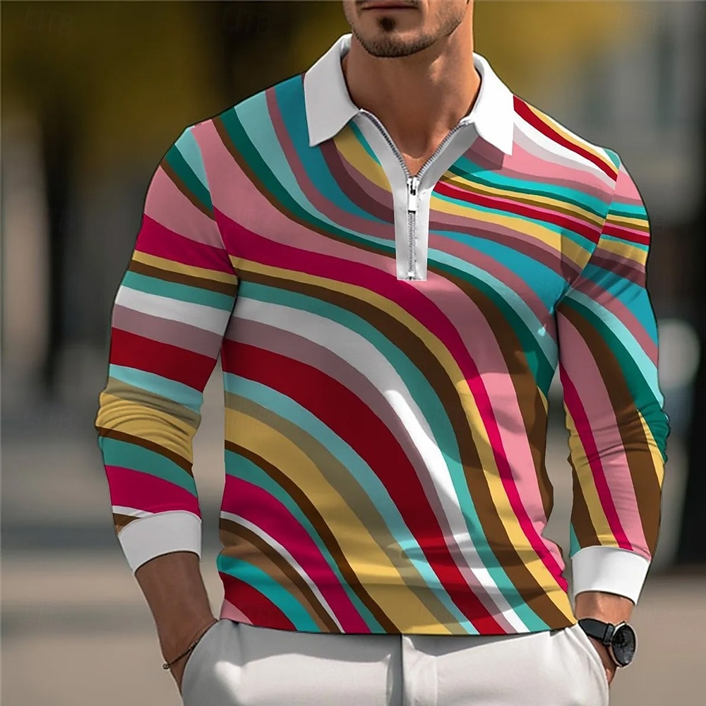 Homme Bloc de Couleur Géométrique Polo manche longue Col Rabattu Occasionnel Sport & Loisir Athleisure Décontracté Quotidien Fermeture éclair Impression 3D Printemps Automne Hiver Arc-en-ciel de 2026 ? $22.99 –P1