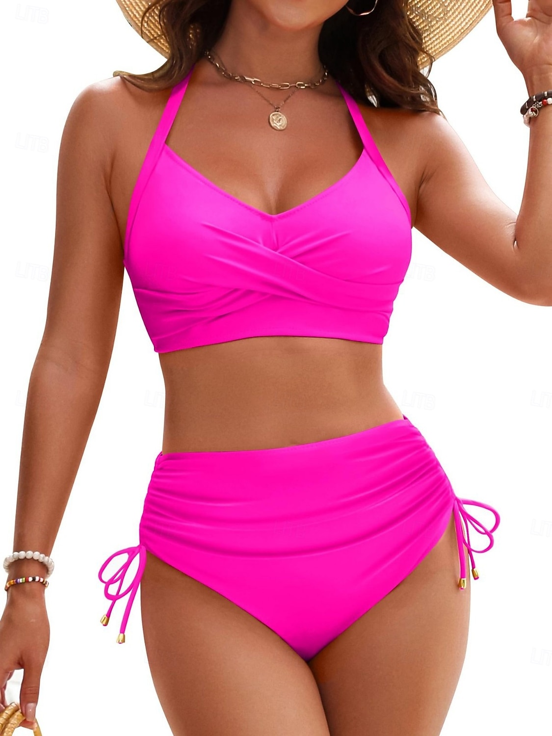 Bikini da donna costume da bagno a 2 pezzi arricciato cheeky controllo della pancia vita alta slim schiena scoperta abbigliamento da spiaggia per vacanze colore solido scollatura a V costumi da bagno del 2026 a $28.99 –P4