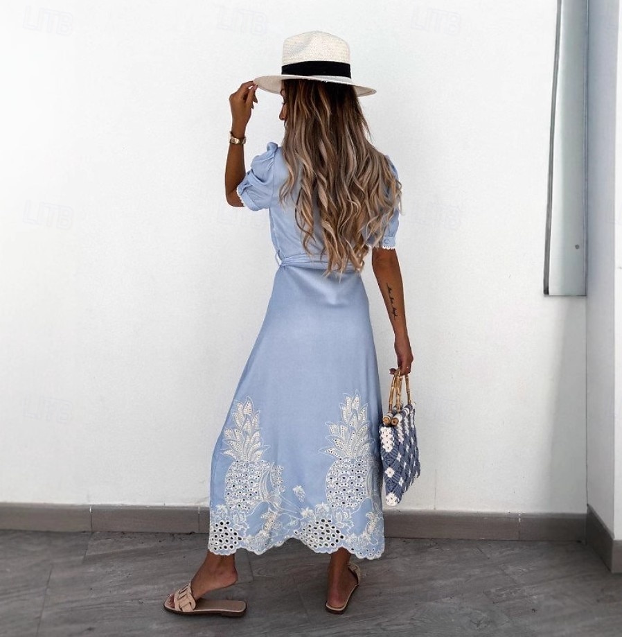 Damen Midikleid Sommerkleid Urlaub Lässig Boho Ausgehen Normale Passform Blumen Kurzarm Umlegekragen Blau Weiß Weiß Sommer Frühling 2026 - $45.99 –P4