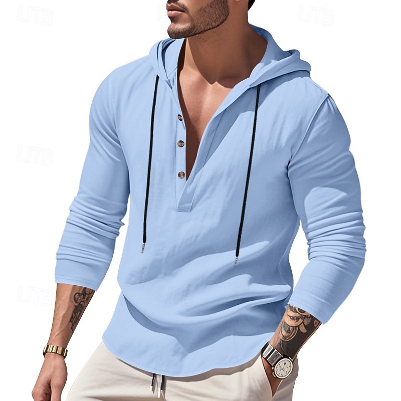 Men's Shirt Popover Shirt Summer Shirt Casual Shirt Beach Shirt Black White Yellow Navy Blue khaki Long Sleeve Solid Color Hooded Vacation Casual Drawstring Clothing Apparel Fashion Casual Comfortable 2026 - $28.99 –P16