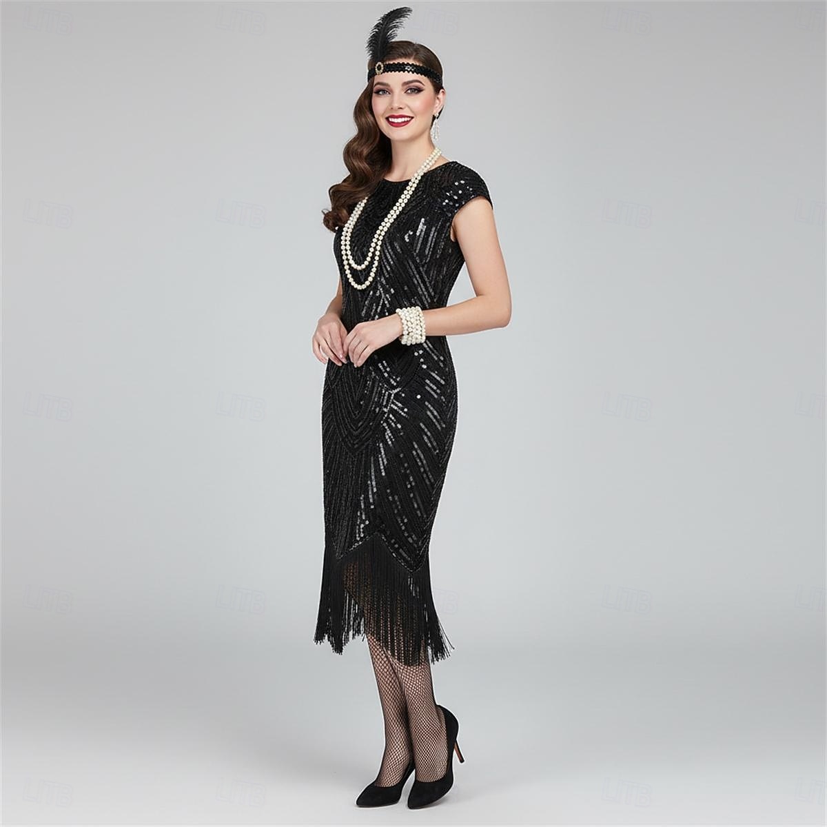 Set Goldene Zwanziger 1920er Knielang Kleid Flapper Kleid Outfits mit Zubehör Cap-Ärmel Der große Gatsby Hochzeitsgast Quastenfransen V Ausschnitt Rundausschnitt Kostüm Damen Karneval Maskerade 2026 - $82.99 –P3