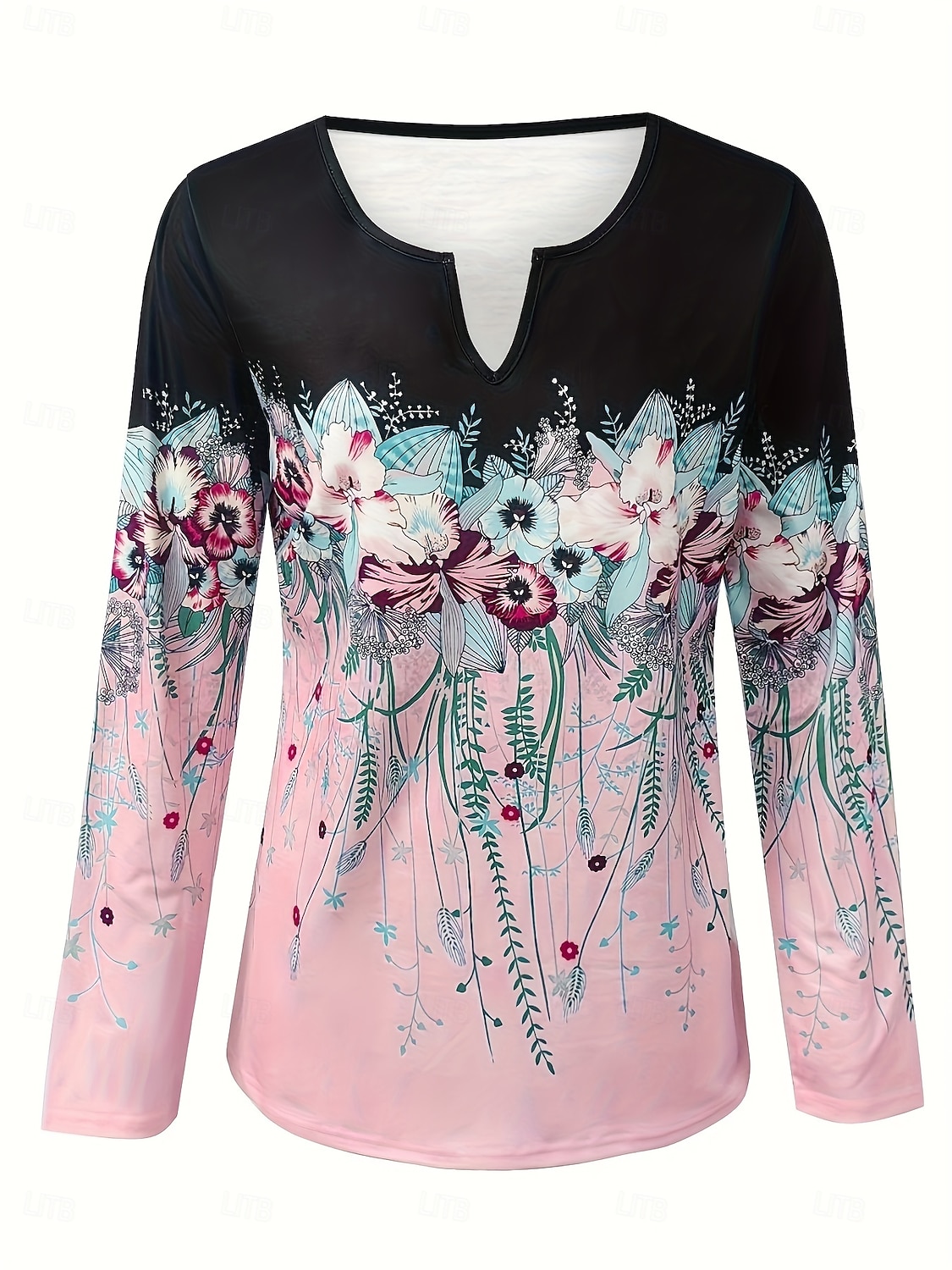 Dames T-shirt Afdrukken Ombre Bloemig Grafisch Vintage Stijlvol Klassiek Lange mouw V-hals Gekerfde nek Normale tops Dagelijks Weekend Blozend Roze Paars Lente Herfst Winter 2026 - $24.99 –P5