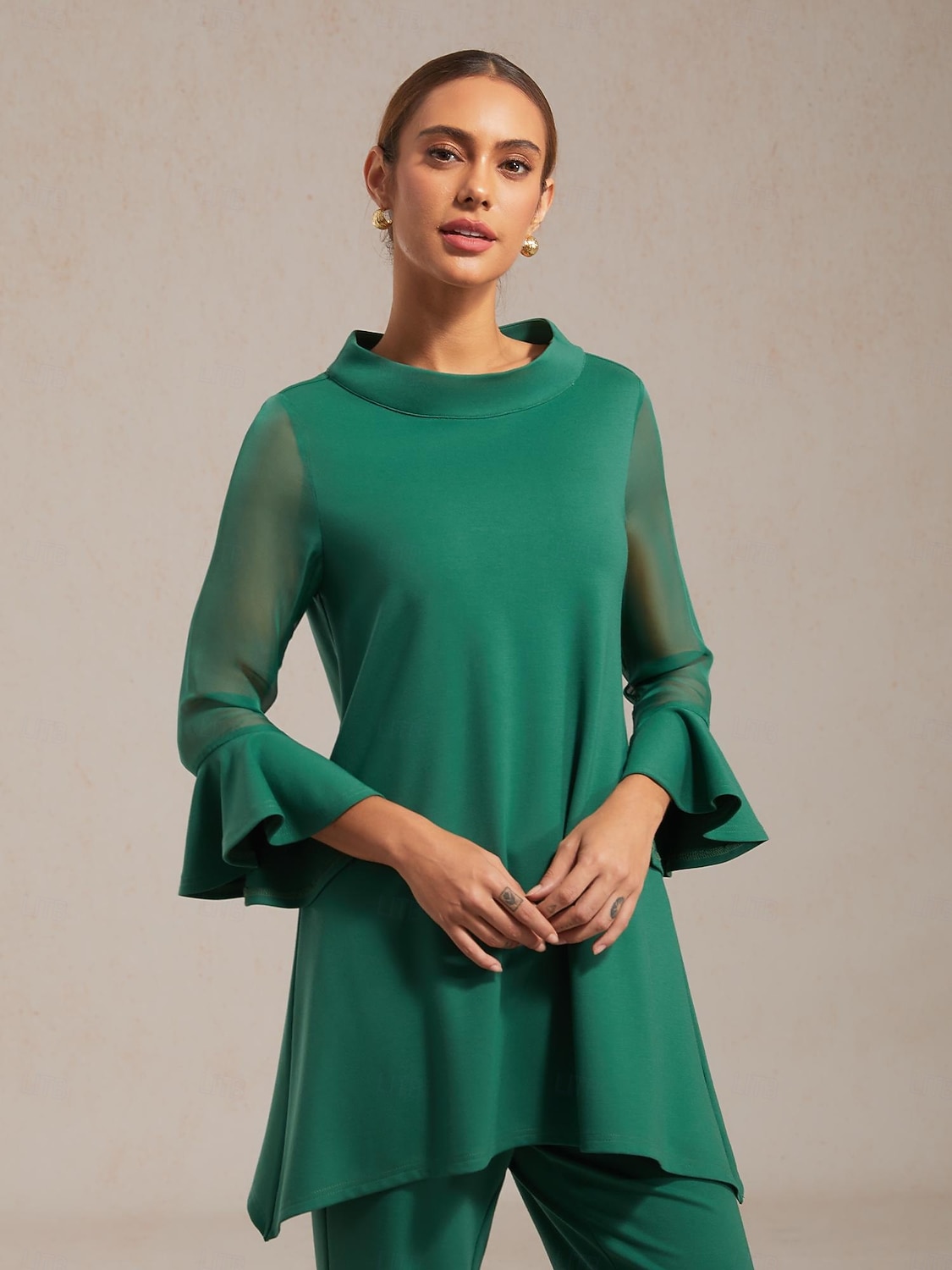 Dámské kalhoty, strečová tkanina, šifon, průsvitné panely, rozšířené nohavice, elastický pas, elegantní, pohodlné, do práce, podzim 2026 - $21.99 –P8