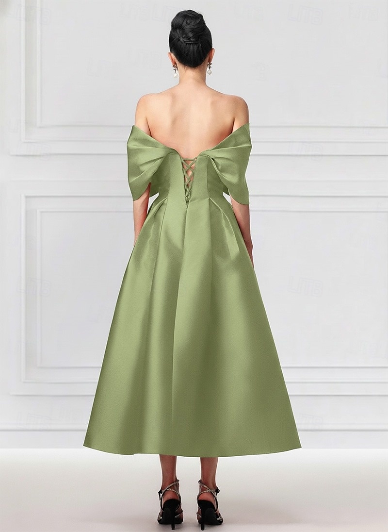 A-Linie Tee-Länge Partykleid Cocktailkleid Kleid für Hochzeitsgäste Brautmutterkleid Kurzarm Schulterfrei Elegant Formell Cocktailparty Semi-Formal Satin mit Falten 2026 - $137.99 –P2