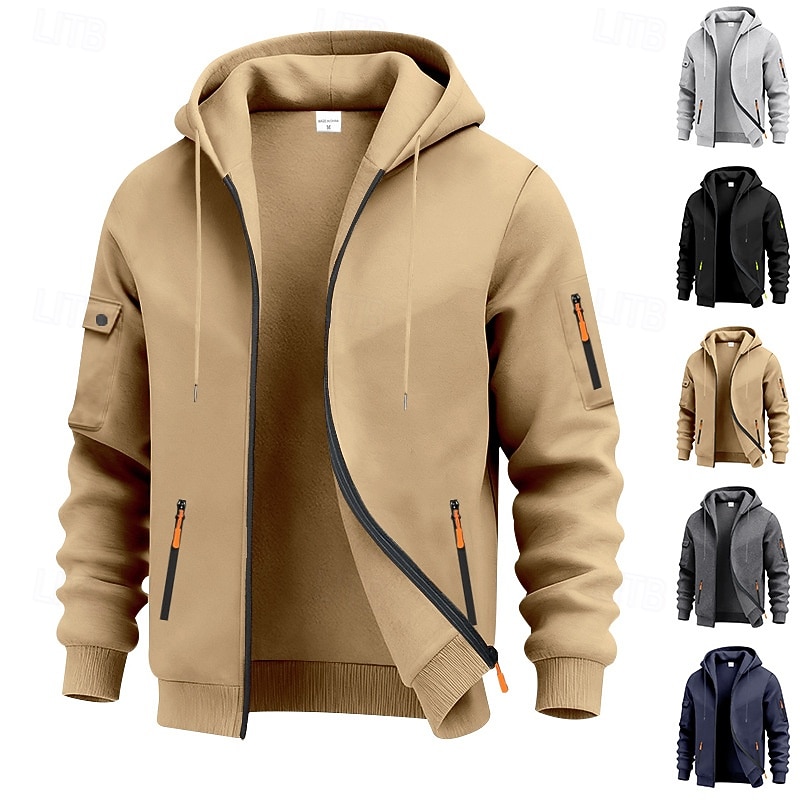 Voor heren Trui met capuchon Hoodie met volledige rits Fleece hoodie Tactische capuchon Zwart Marineblauw Khaki Lichtgrijs Donkergrijs Capuchon Effen Vetoketju Zak Sport & Outdoor Casual Dagelijks 2026 - $28.99 –P1
