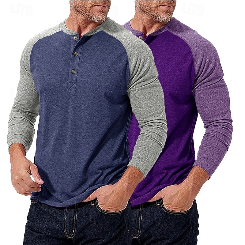 2-teiliges Henley-Shirt für Herren, Baseball-T-Shirt, Kurzarm, Farbblock-Design, Basic, Boho-Stil, Raglanärmel, für Outdoor, Freizeit, Alltag, Sommer, Herbst, alle Jahreszeiten, schwarzes 2026 - $40.99 –P8