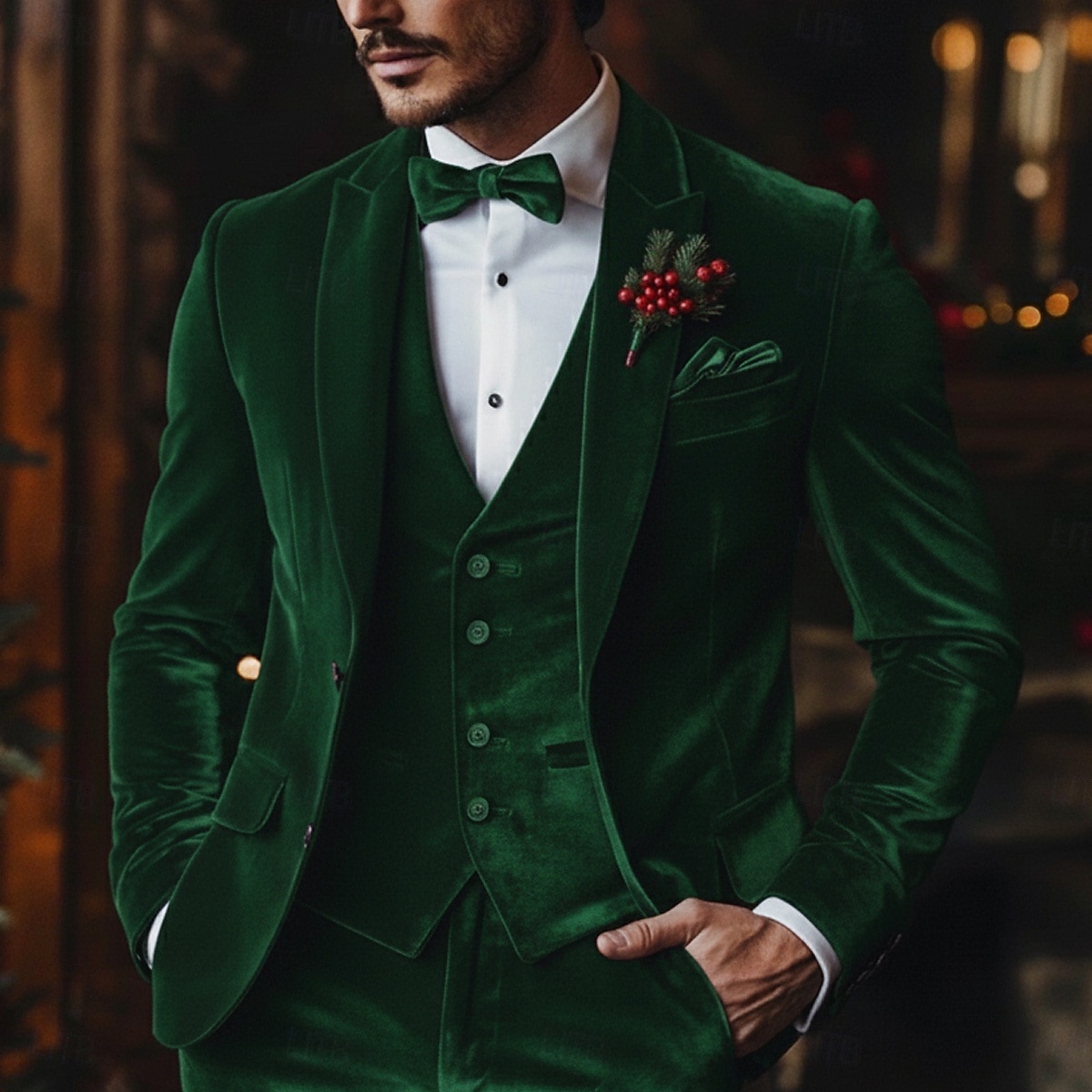 Pour des hommes Noël Soirée Costume en velours Revers en Pointe Noir Vert Noël Fête Couleur Unie Coupe sur mesure 3 pièces Simple Boutonnage Deux Boutons de 2025 ? $129.99 –P1