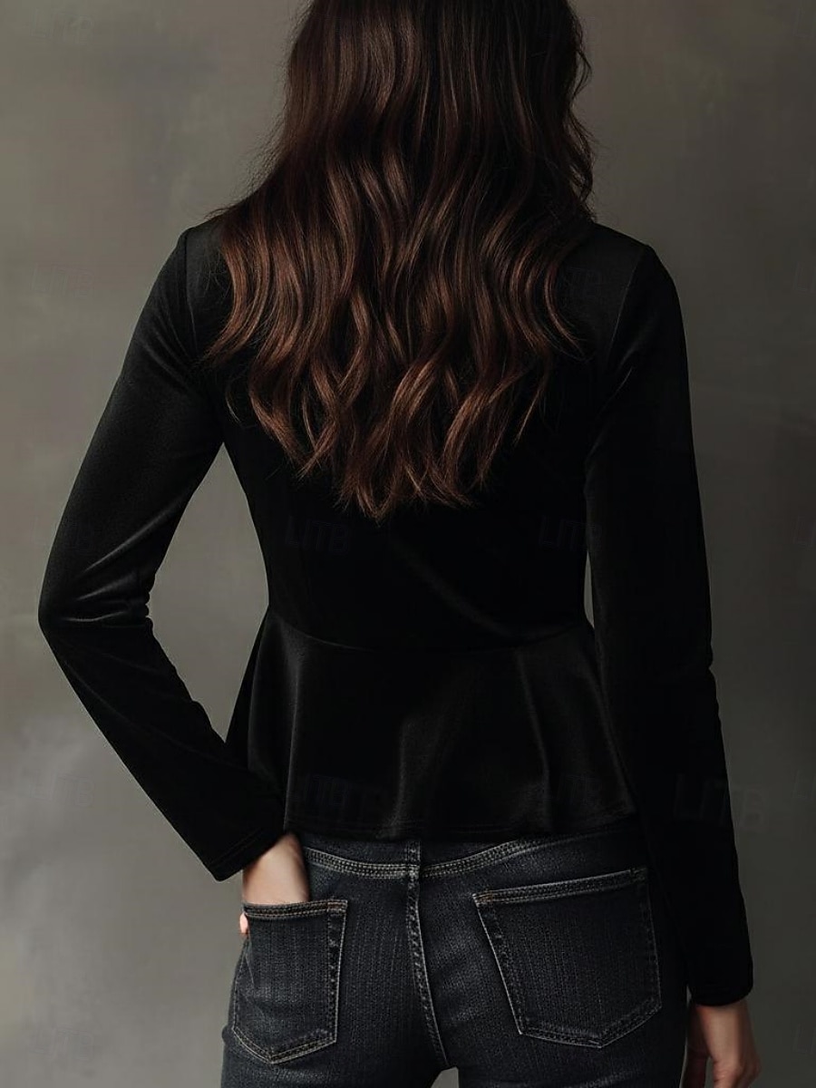 בגדי ריקוד נשים חולצה פאייטים טלאים מתנפנפת צבע אחיד מסוגנן יום יומי שרוול ארוך צווארון עגול קצר צווארון V חולצות רגילות יומי שחור תלתן אפור אביב סתיו חורף 2026 - $39.99 –P2