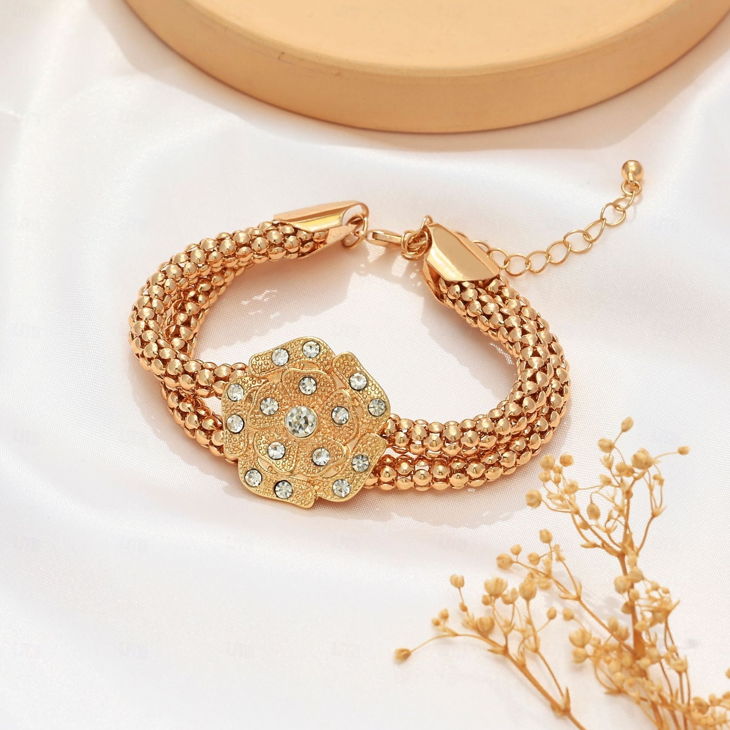 Naisten kullanvärinen kukkakorusetti kristalliyksityiskohdilla - elegantti kaulakoru, rannekoru &korvakorut juhliin, häihin tai iltatilaisuuksiin 2026 - $14.99 –P2